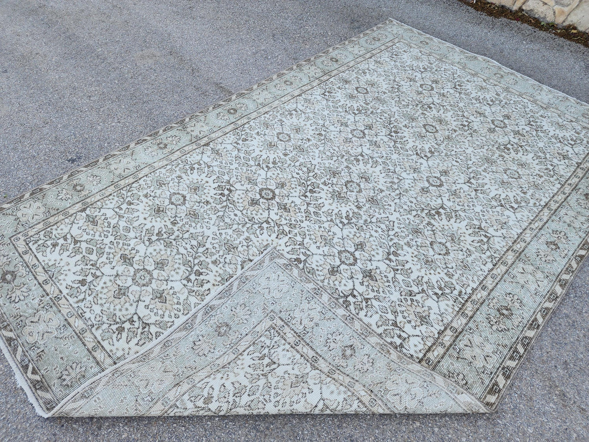6x10 Vintage Oushak Rug: Handwoven Neutral Wool, Turkish Floral Design Isparta Rug