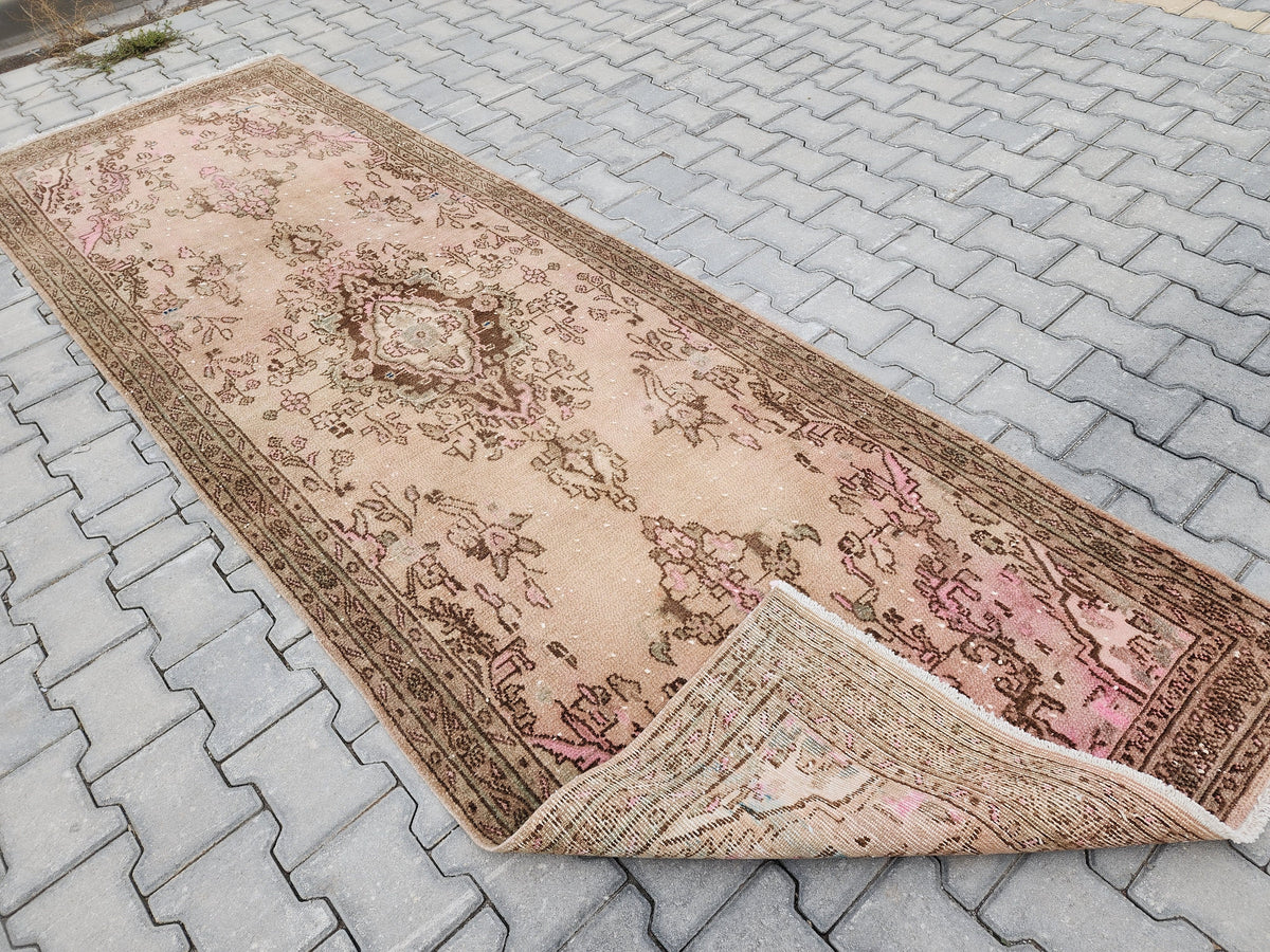 4x10 Wool Runner Rug: Vintage Hand Knotted Beige, Pink, and Brown Floral Design