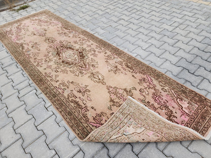 4x10 Wool Runner Rug: Vintage Hand Knotted Beige, Pink, and Brown Floral Design
