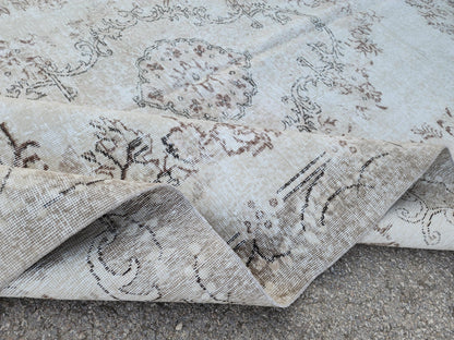 7x10 White Oushak Rug Hand‑Knotted Wool Area Rug Neutral Decor: Medallion Turkish Design