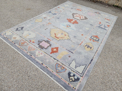 6x9 Gray Oushak Rug: Turkish Wool, Ocean Breeze Patina Blue Wool, Kitds Room Decor