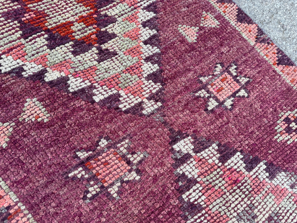 2x8 Tribal Medallion Runner: Handwoven Turkish Wool Purple and Red with Geometric Motifs