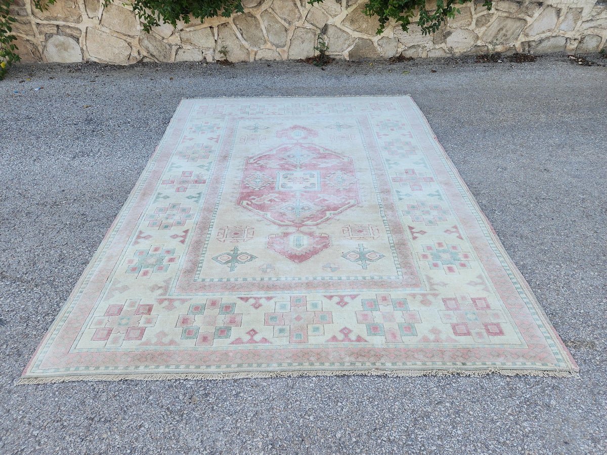Neutral Wool Rug 6x8, Living Room Soft Design, Turkish Hand Made Vintage Carpet