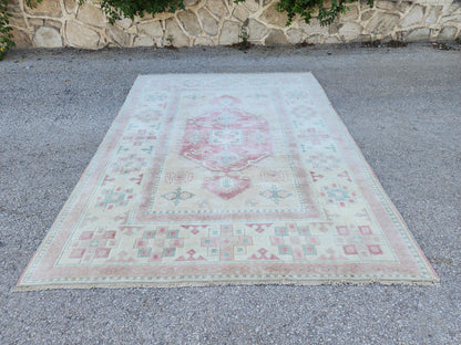 Neutral Wool Rug 6x8, Living Room Soft Design, Turkish Hand Made Vintage Carpet