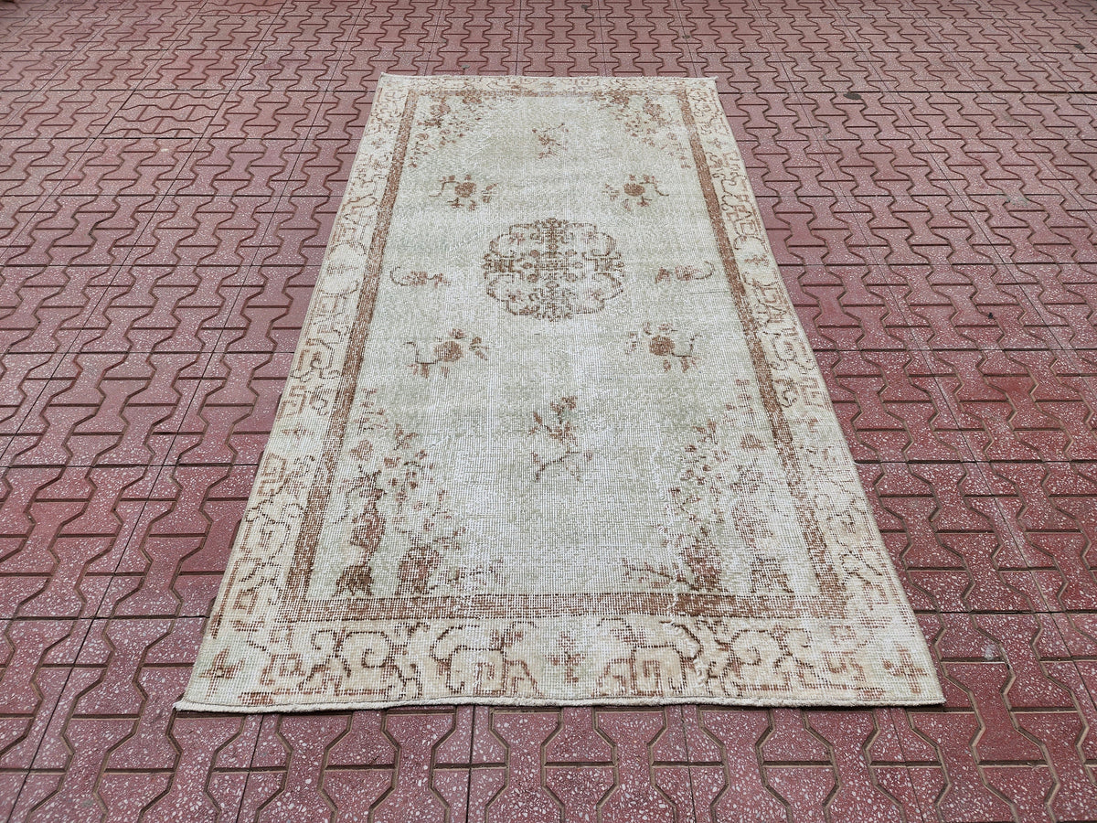 Handwoven Turkish Oushak Rug 4x7: Neutral Wool Bohemian Rug