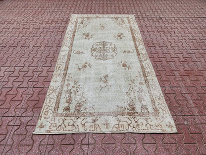 Handwoven Turkish Oushak Rug 4x7: Neutral Wool Bohemian Rug