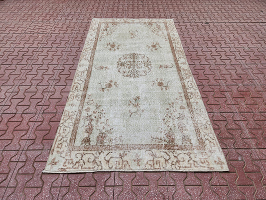 Handwoven Turkish Oushak Rug 4x7: Neutral Wool Bohemian Rug