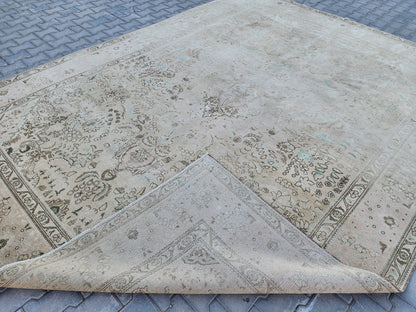 Hand Knotted Wool Area Rug 10x13: Beige Bohemian Patterned Rug