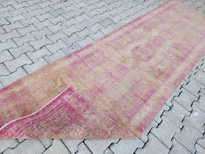 3x11 Pink Wool Turkish Runner Rug: Hand Knotted Bohemian Hallway Decor