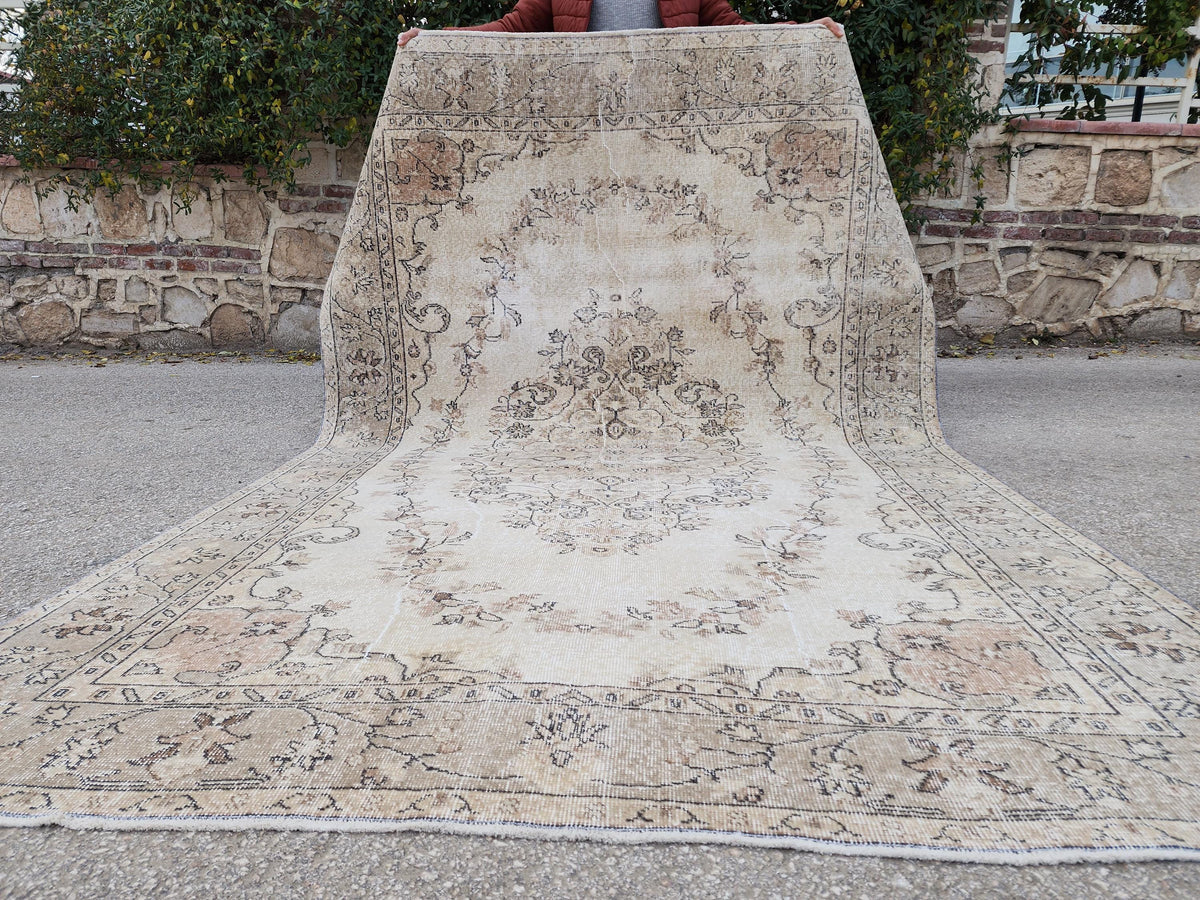 6x9 Hand Made Oushak Rug: Beige and Brown, Rustic Decor, Turkish Wool Rug