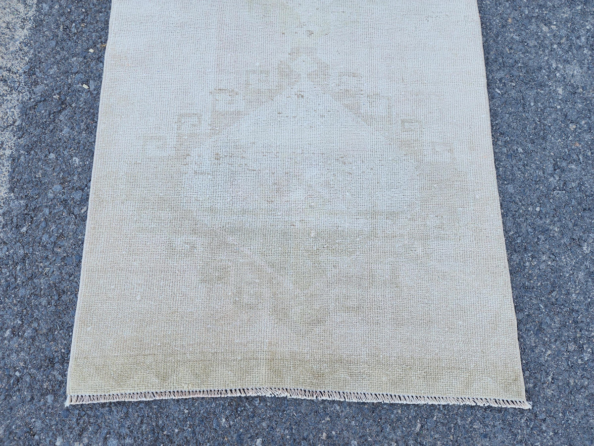 Neutral Vintage Runner Rug 2.7 x 11.3 ft, Turkish Hand Knotted Up Cycled Wool, Eco Friendly