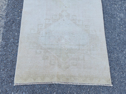 Neutral Vintage Runner Rug 2.7 x 11.3 ft, Turkish Hand Knotted Up Cycled Wool, Eco Friendly