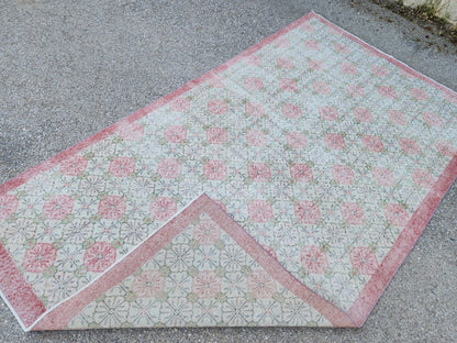 5x9 Vintage Area Rug, Turkish Wool Hand Knotted, Faded Red And Green Carpet