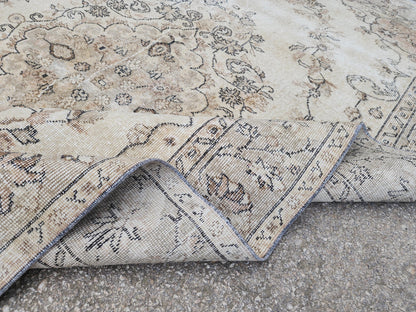 6x9 Hand Made Oushak Rug: Beige and Brown, Rustic Decor, Turkish Wool Rug