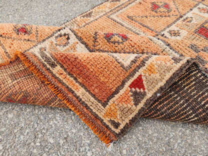 Orange Herki Runner Rug 3x11, Wool on Wool Oriental Decor, Turkish Hand Made, Kitchen Decor