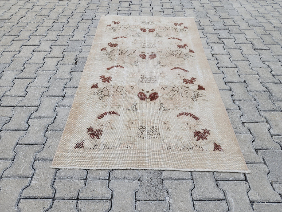 3x6 Vintage Turkish Oushak Rug: Beige Floral Entryway Rug
