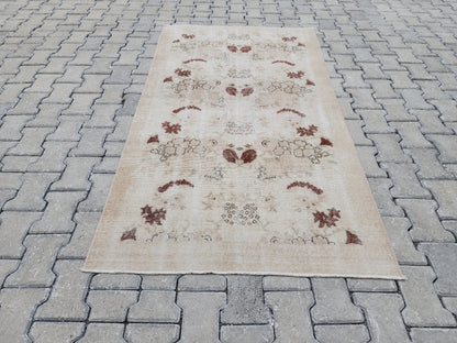 3x6 Vintage Turkish Oushak Rug: Beige Floral Entryway Rug