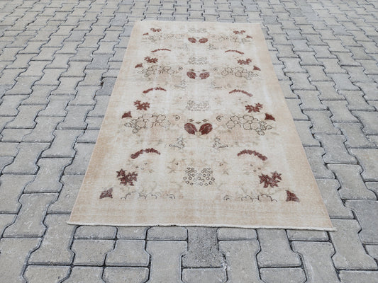 3x6 Vintage Turkish Oushak Rug: Beige Floral Entryway Rug