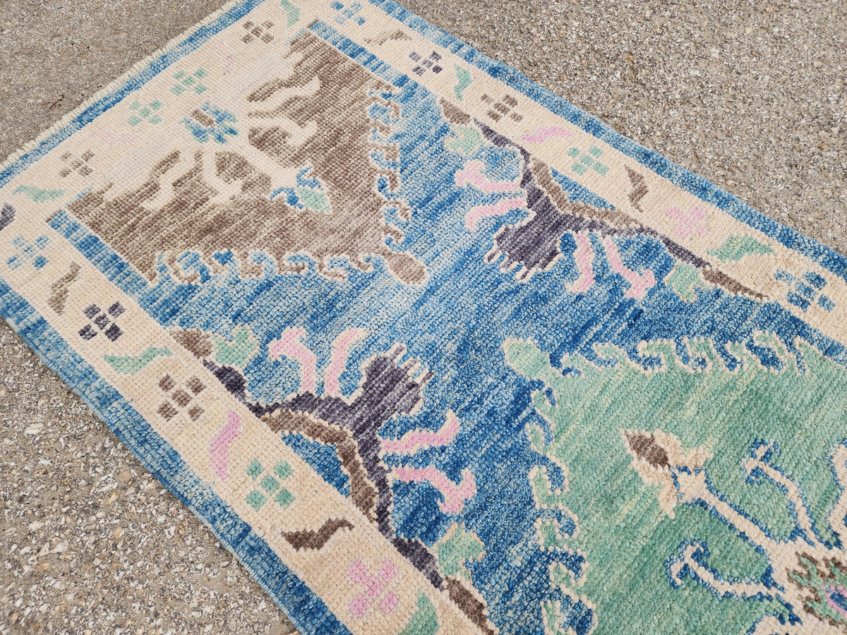 3x13 Oushak Runner Rug, Soft Blue Wool Turkish Hand Made, Rustic Hallway Decor