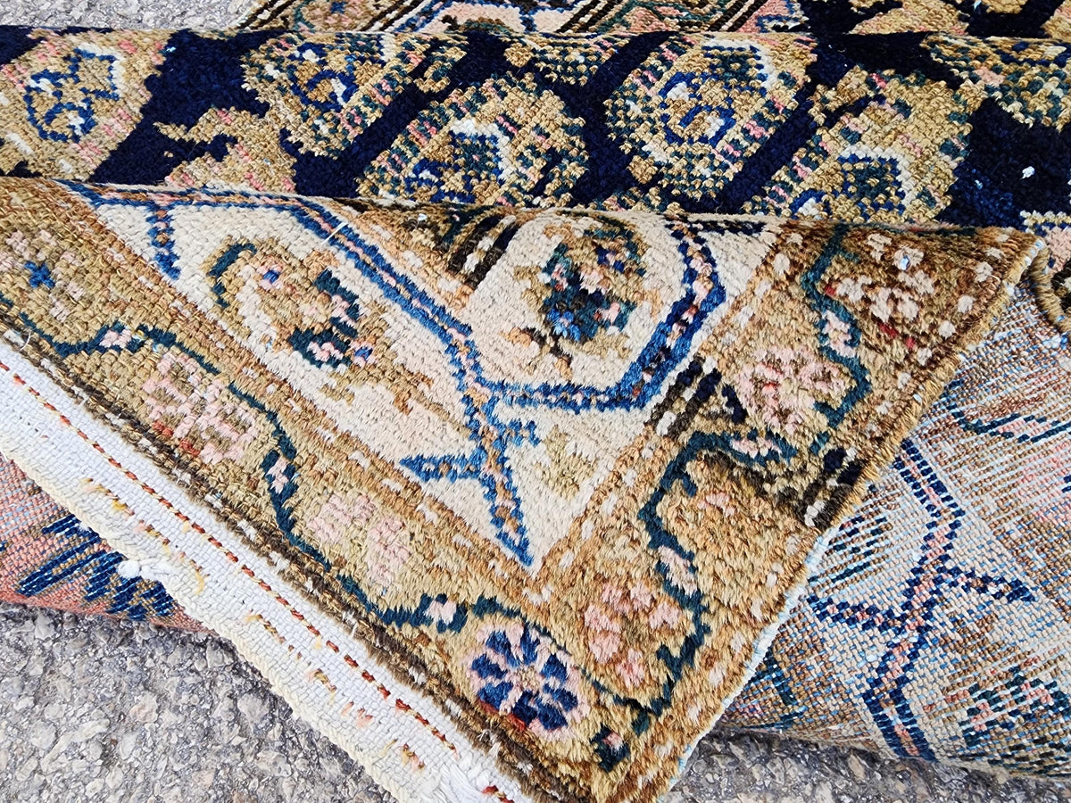Antique Caucasian Runner Rug 3x17 ft | 100-Year-Old Hand-Knotted Wool Rug | Navy Blue Floral Gallery Runner