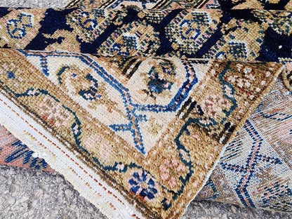 Antique Caucasian Runner Rug 3x17 ft | 100-Year-Old Hand-Knotted Wool Rug | Navy Blue Floral Gallery Runner