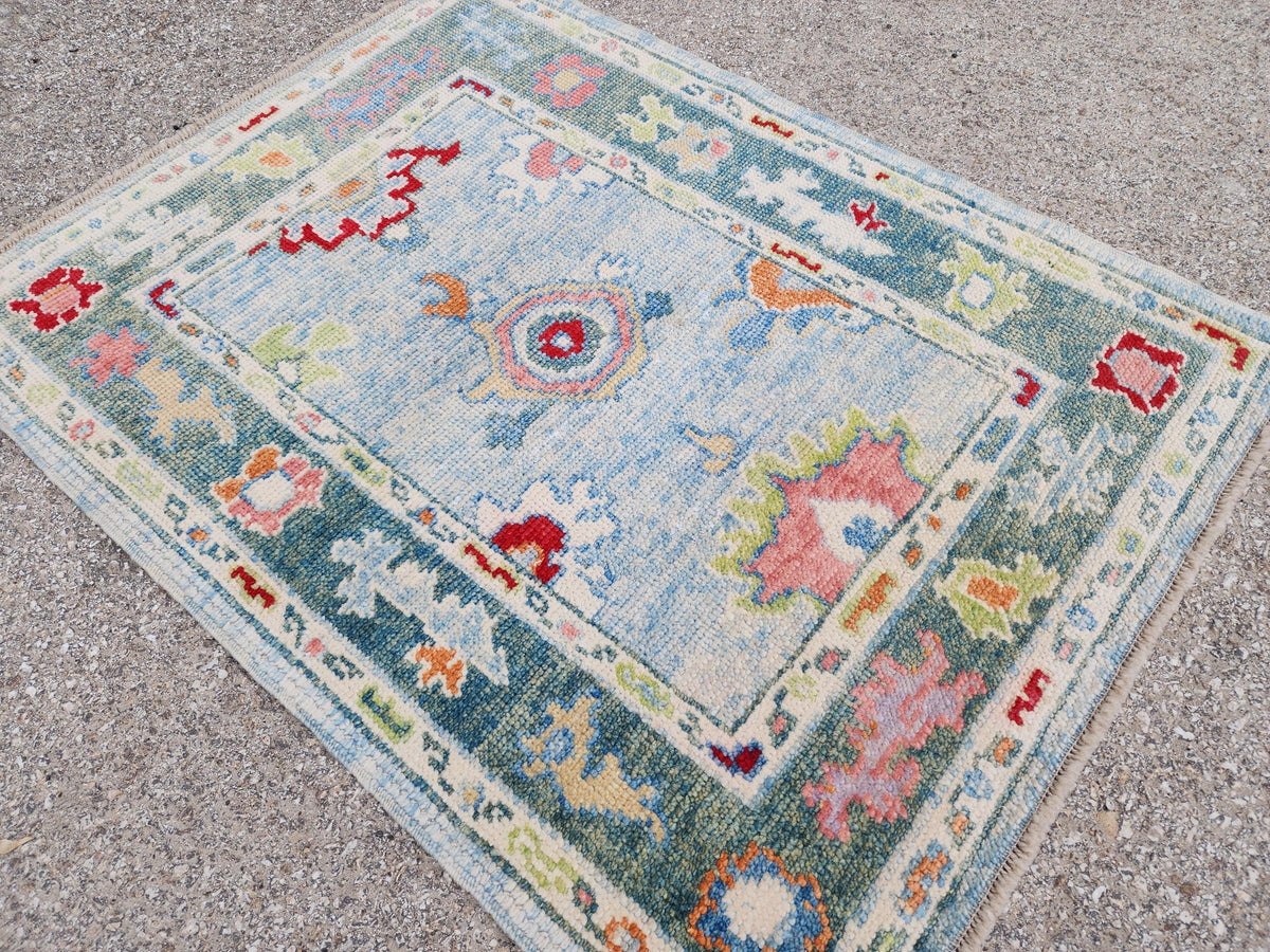 Handwoven Oushak Wool Rug 3x4, Light Blue Floral Entryway Rug