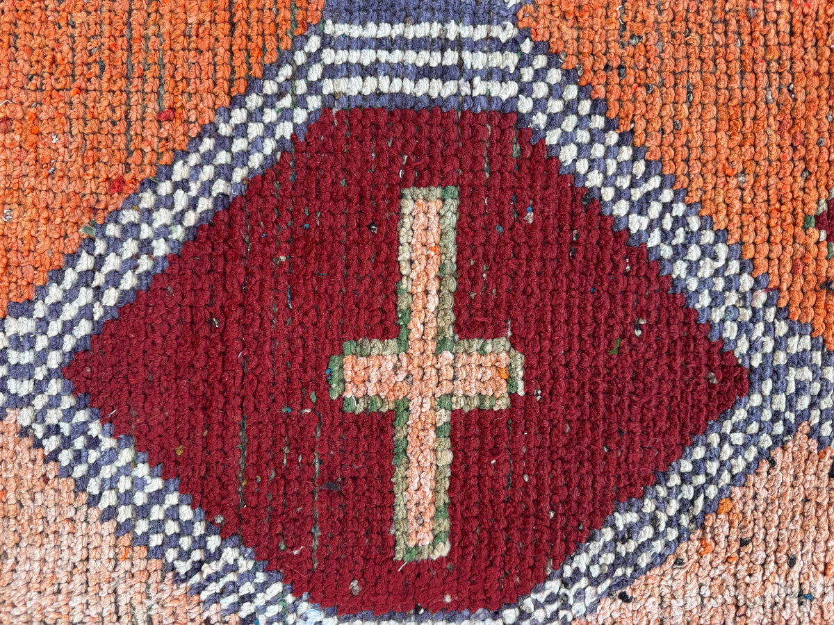 3x10 Herki Runner Rug: Vintage Handwoven Wool in Burnt Orange and Green Tribal Motifs