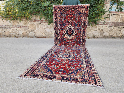 Antique Wool Runner Rug 3x9: Handcrafted Red Ann Blue Color, Farmhouse Decor