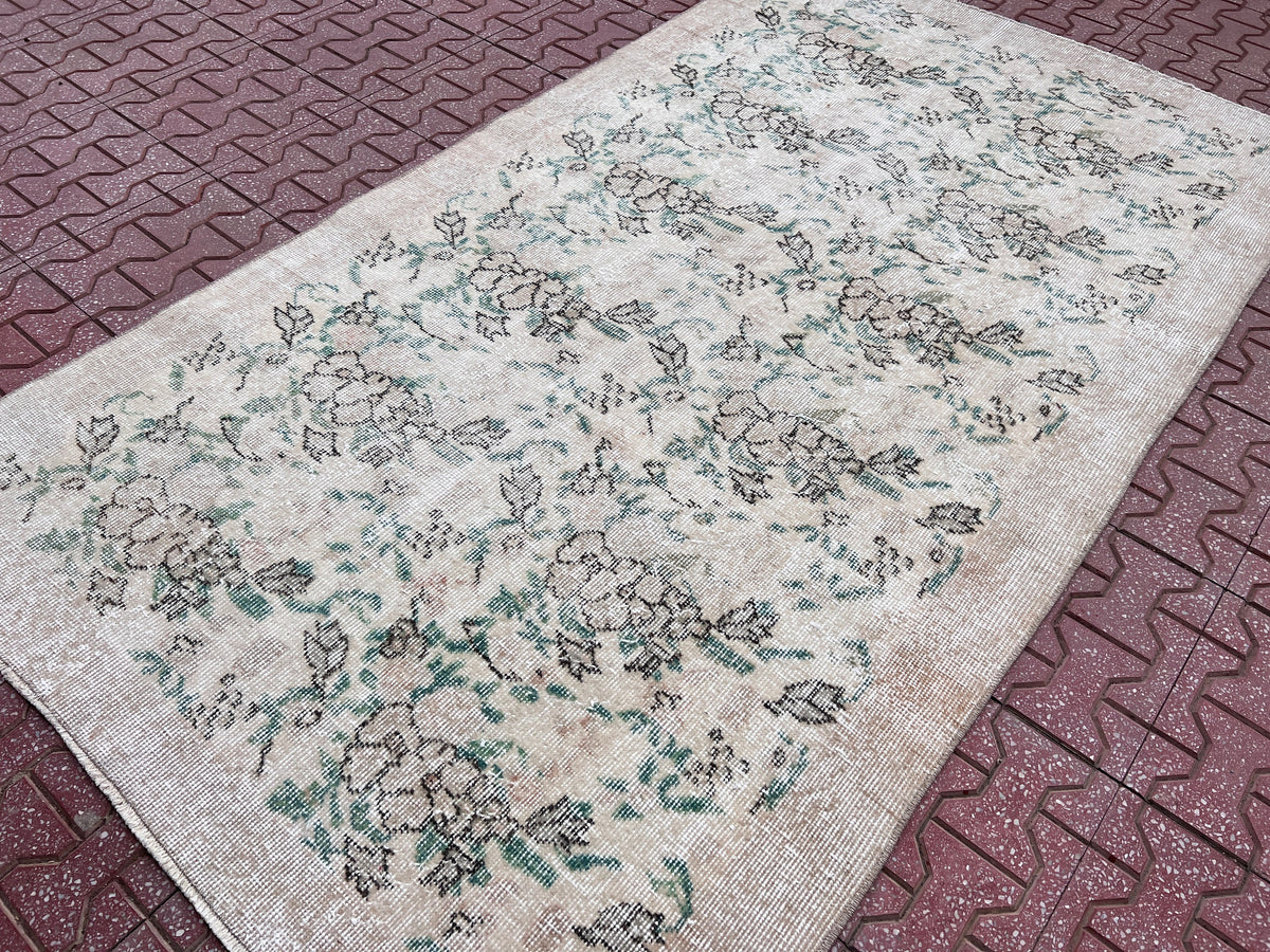 Handwoven Turkish Oushak Rug: 3.7x6.6, Wool & Cotton Floral Rug