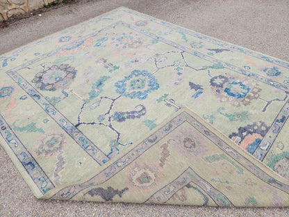 8x10 Oushak Rug: Eco Friendly Carpet,Handwoven Turkish Wool, Pastel Green Vintage Style