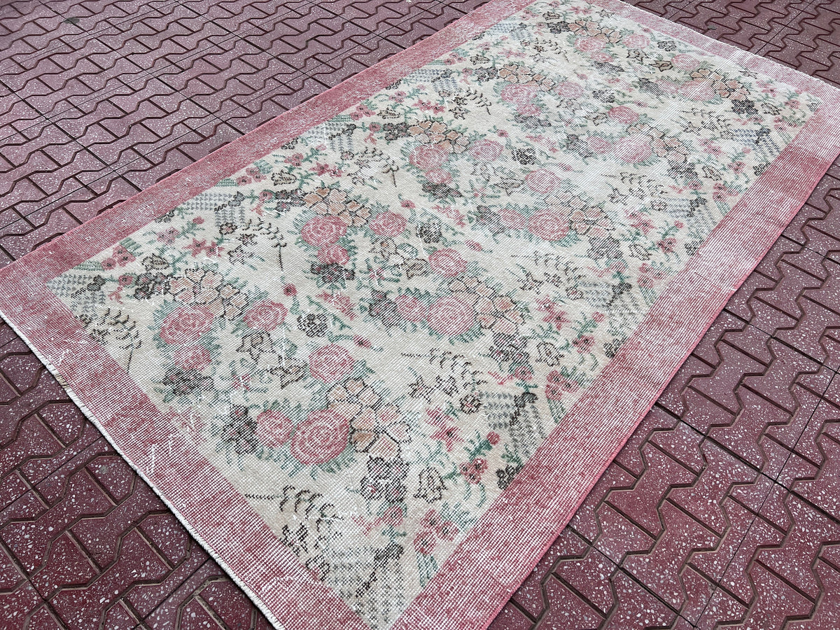 Handwoven Turkish Oushak Rug: 3.8x6.5, Wool & Cotton Floral Rug