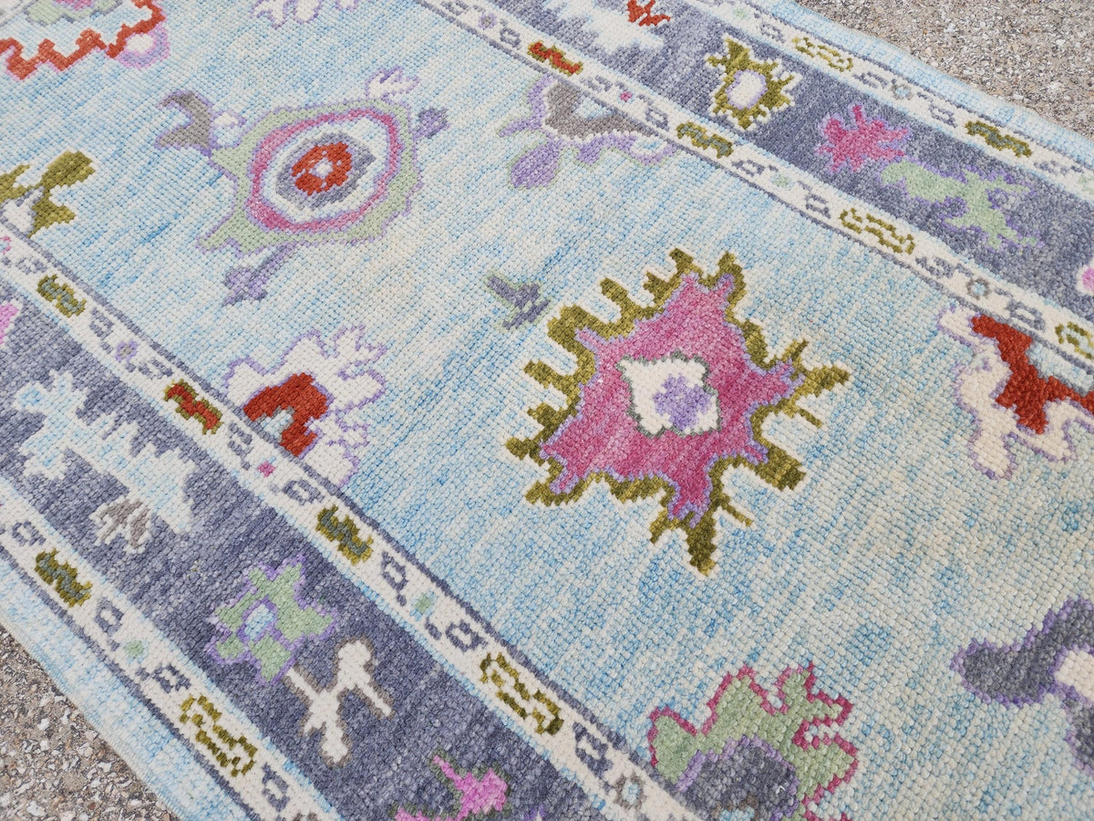 Handwoven 3x6 Oushak Wool Rug: Soft Blue Floral Medallion, Rustic Home Decor