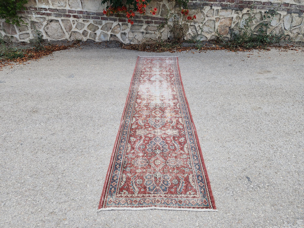 Antique Runner Rug 3x11.5 ft, Turkish Oushak Wool Carpet Faded Red Rug For Living Room Decor