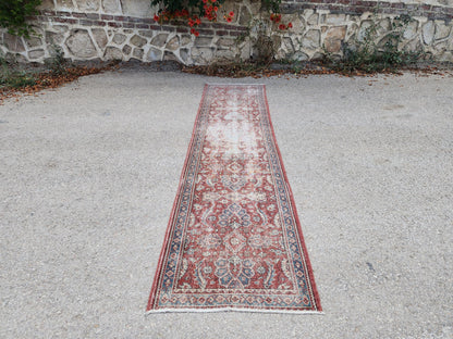 Antique Runner Rug 3x11.5 ft, Turkish Oushak Wool Carpet Faded Red Rug For Living Room Decor