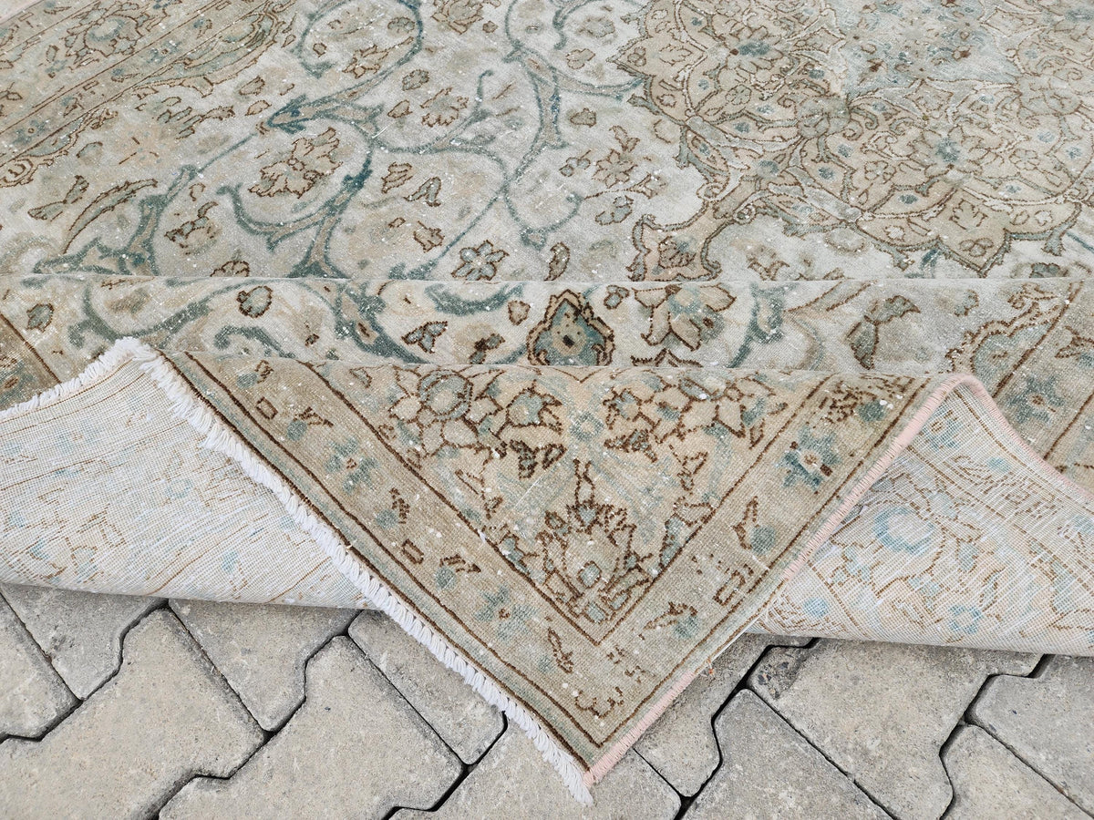 6x11 Neutral Vintage Rug: Green Floral Design Persian Border Design, Hand Knotted