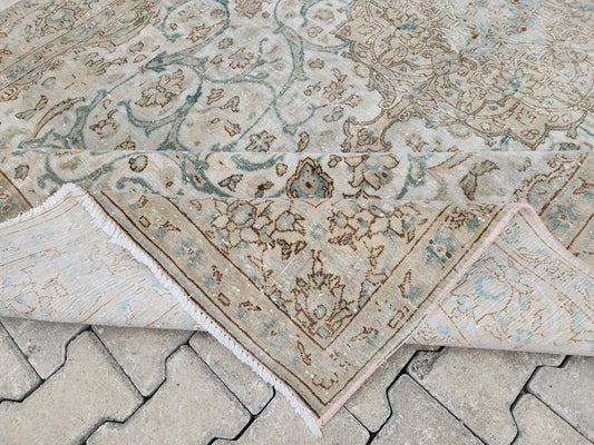 6x11 Neutral Vintage Rug: Green Floral Design Persian Border Design, Hand Knotted