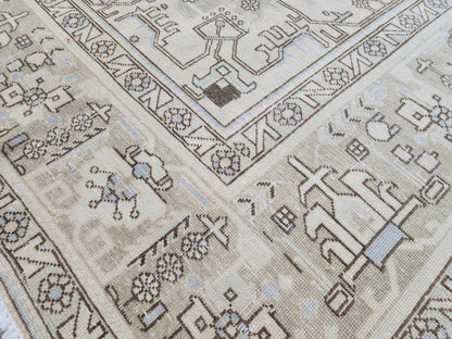 Vintage 9x13 Neutral Oriental Rug: Hand Woven Wool Cotton Area Rug, Geometric Pattern Carpet