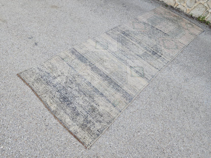 3x11 Hand Knotted Wool Runner Rug: Gray Turkish Farmhouse Hallway Decor