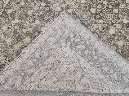 9x12 Traditional Vintage Rug: Geometric Brown Wool Design, Hand Knotted