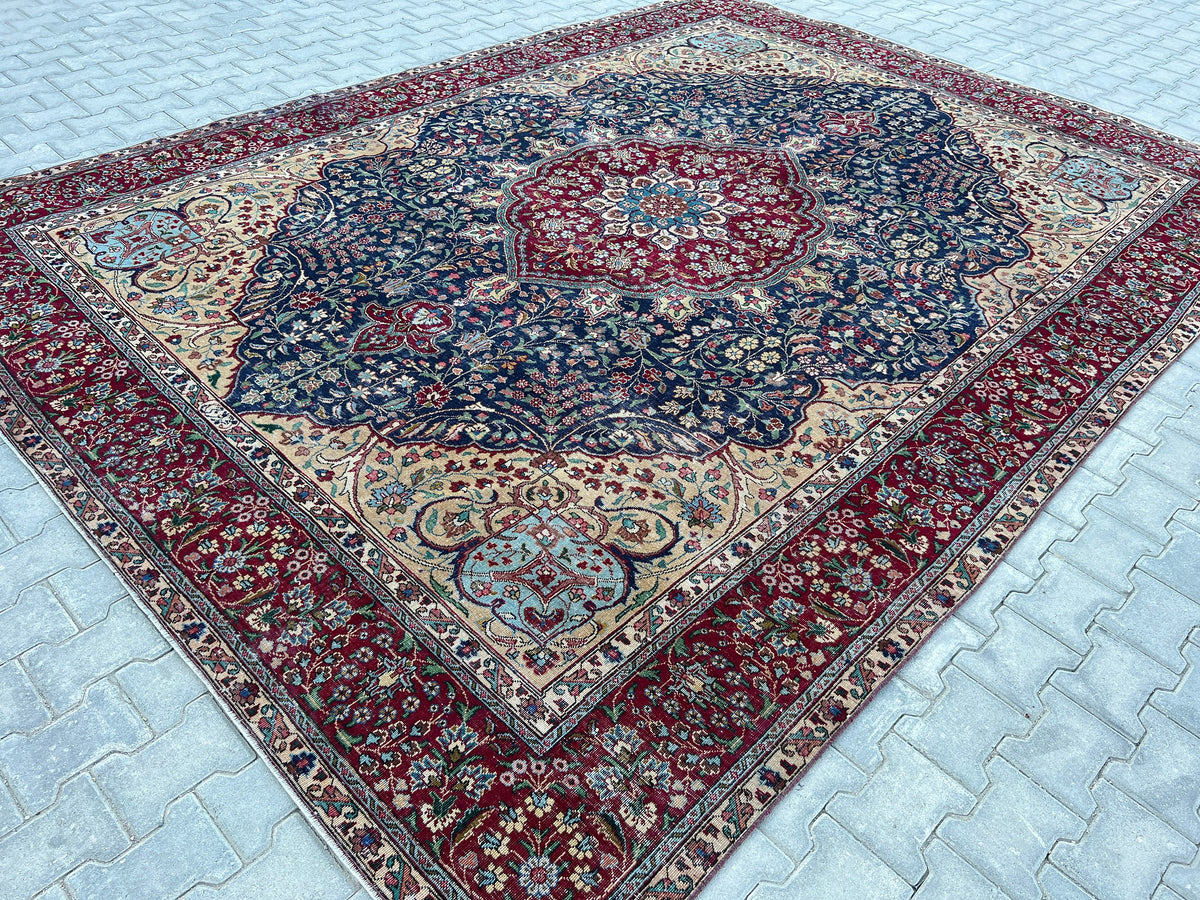 Hand Knotted Wool Rug 9x12: Vintage Oriental Navy Blue Rug