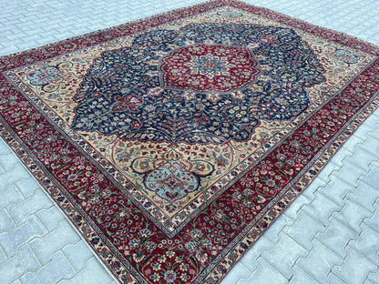 Hand Knotted Wool Rug 9x12: Vintage Oriental Navy Blue Rug