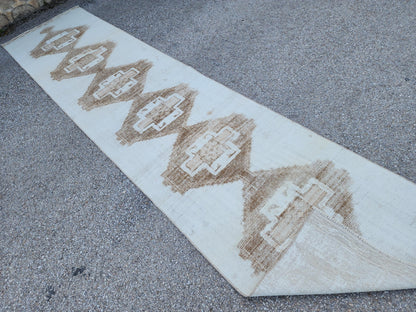 3x13 Handmade Wool Turkish Runner Rug: Neutral Beige Living Room Decor