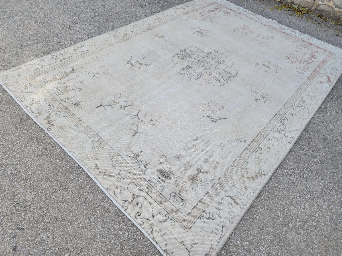 Oushak Neutral Rug 7x10, Turkish Hand Knotted Wool Rug, Bohemian Home Decor