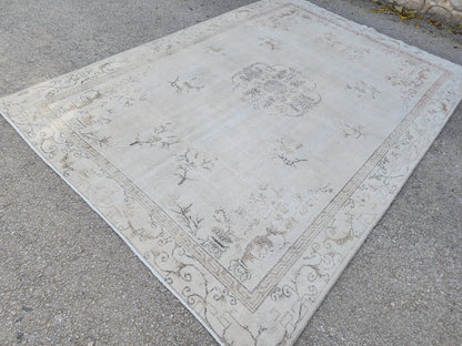 Oushak Neutral Rug 7x10, Turkish Hand Knotted Wool Rug, Bohemian Home Decor