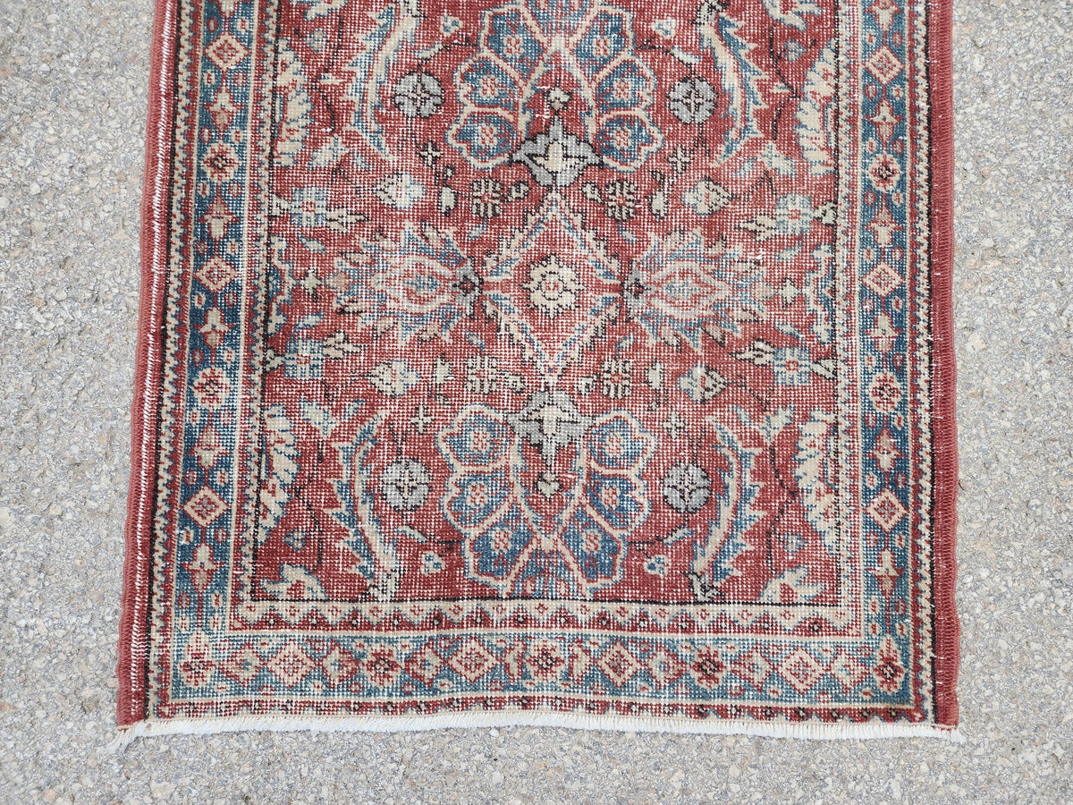 Antique Runner Rug 3x11.5 ft, Turkish Oushak Wool Carpet Faded Red Rug For Living Room Decor