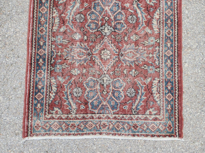 Antique Runner Rug 3x11.5 ft, Turkish Oushak Wool Carpet Faded Red Rug For Living Room Decor