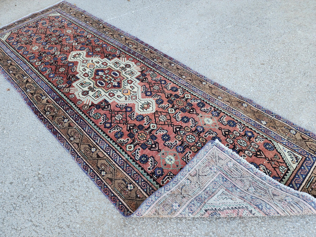 Antique Rustic Runner Rug 3x9: Hand Knotted, Persian Medallion Design