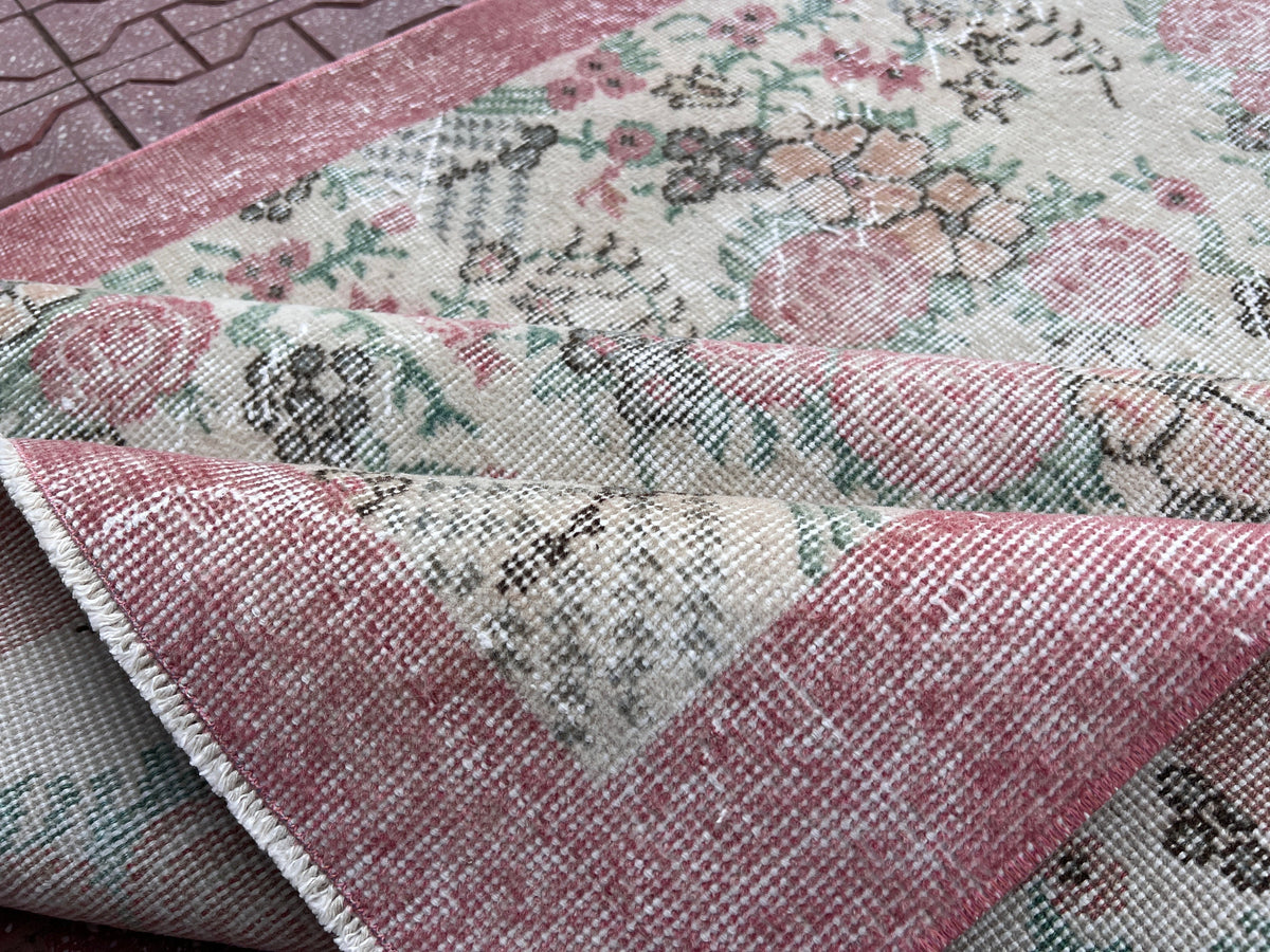 Handwoven Turkish Oushak Rug: 3.8x6.5, Wool & Cotton Floral Rug