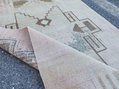 3x14 Neutral Long Runner Rug, Turkish Malatya Hand Made Wool, Beige Geometric Design
