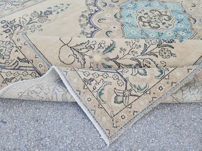 Hand Knotted Wool Area Rug 9x12: Blue Medallion and Beige Vintage Farmhouse Rug